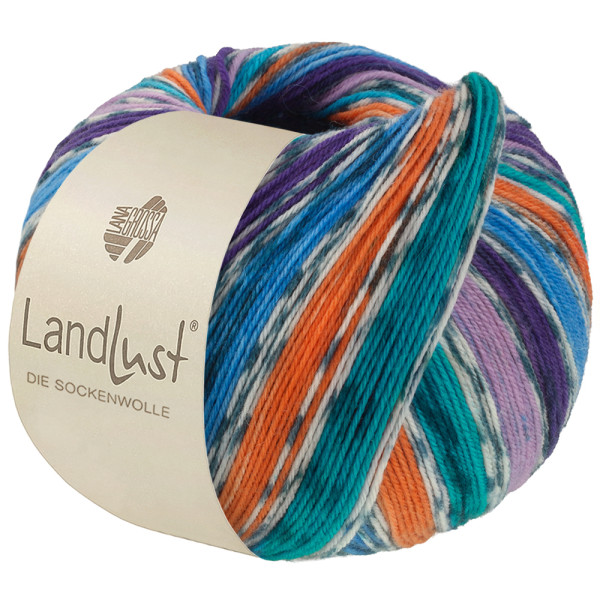 Lana Grossa Landlust Die Sockenwolle 821 Nachtblau/Azur/Orange/Seegrün/Flieder/Dunkelviolett/ Rohwei