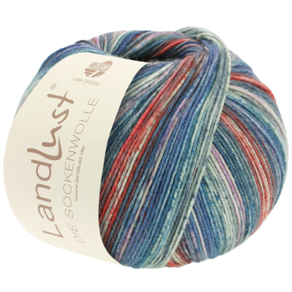 Landlust Die Sockenwolle 806 Jeansblau/Hellgrau/Rot/Flieder 100g